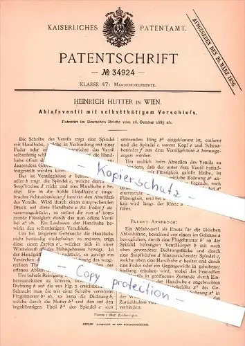 Original Patent  - Heinrich Hutter in Wien , 1885 , Ablaßventil mit selbstthätigem Verschluß !!!