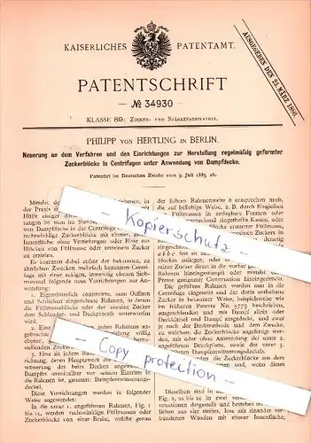 Original Patent  - Philipp von Hertling in Berlin , 1885 , Zucker- und Stärkefabrikation !!!