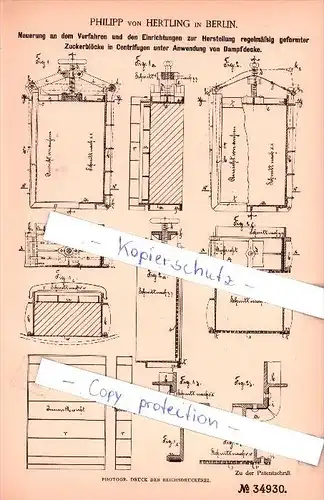 Original Patent  - Philipp von Hertling in Berlin , 1885 , Zucker- und Stärkefabrikation !!!