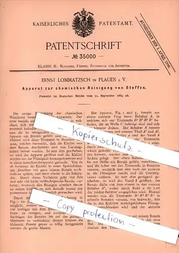 Original Patent  - Ernst Lommatzsch in Plauen i. V. , 1885 , chemische Reinigung von Stoffen !!!