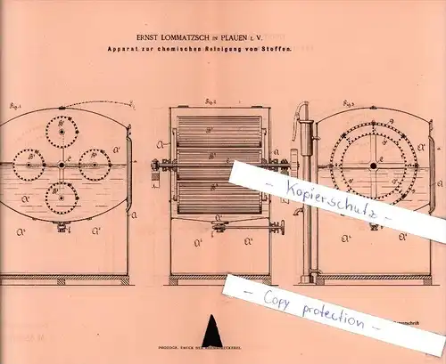 Original Patent  - Ernst Lommatzsch in Plauen i. V. , 1885 , chemische Reinigung von Stoffen !!!