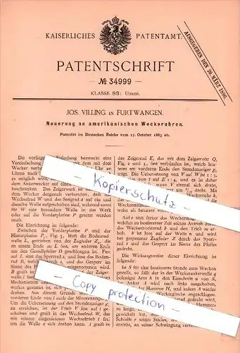 Original Patent  - Jos. Villing in Furtwangen , 1885 , Neuerung an amerikanischen Weckeruhren !!!