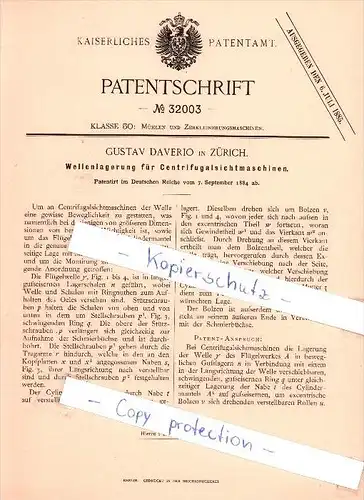 Original Patent  - G. Daverio in Zürich , 1884 , Wellenlagerung für Centrifugalsichtmaschinen !!!