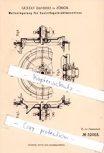 Original Patent  - G. Daverio in Zürich , 1884 , Wellenlagerung für Centrifugalsichtmaschinen !!!