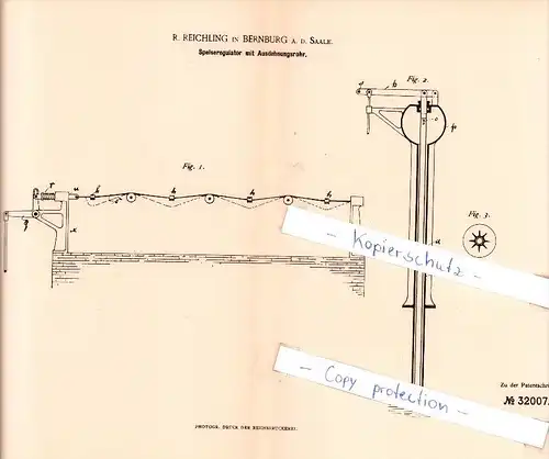 Original Patent  - R. Reichling in Bernburg a. d. Saale  , 1884 , Speiseregulator mit Ausehnungsrohr !!!