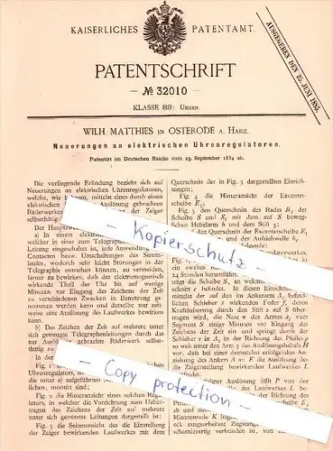 Original Patent  - Wilh. Matthies in Osterode a. Harz  , 1884 , elektrische Uhrenregulatoren  , Uhrmacher , Uhr !!!