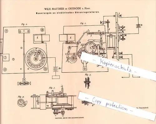 Original Patent  - Wilh. Matthies in Osterode a. Harz  , 1884 , elektrische Uhrenregulatoren  , Uhrmacher , Uhr !!!