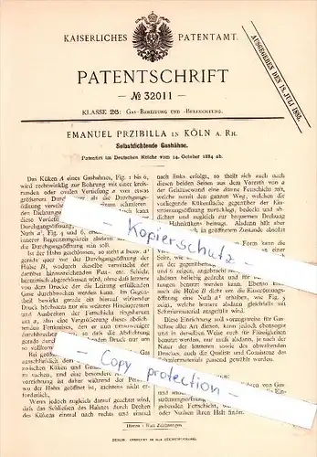 Original Patent  - Emanuel Przibilla in Köln a. Rh. , 1884 , Selbstdichtende Gashähne !!!