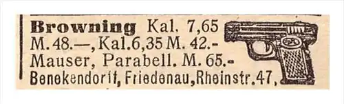 original Werbung - 1917 - Mauser Pistole , Browning , Benekendorff in Berlin Friedenau , Miniwerbung , Militär , Armee !
