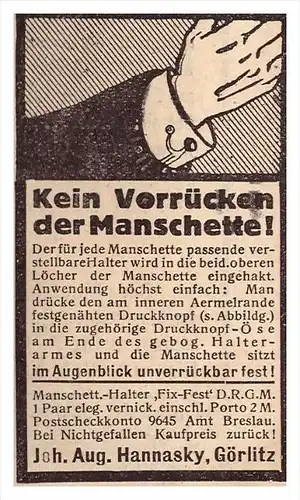 original Werbung - 1917 - J.A. Hannasky in Görlitz , Manschette !!!