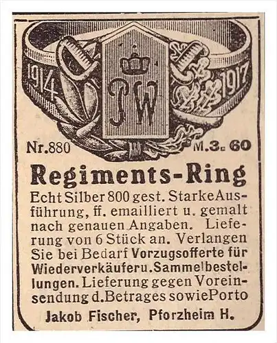 original Werbung - 1917 - Regiments-Ring , Silber ,J. Fischer in Pforzheim , Patriotika , Fingerring , Militär , Armee !
