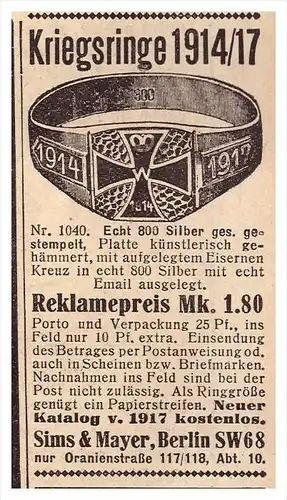 original Werbung - 1917 - Kriegsschmuck , Silber , Sims & Mayer in Berlin , Patriotika , Fingerring , Militär , Armee !!