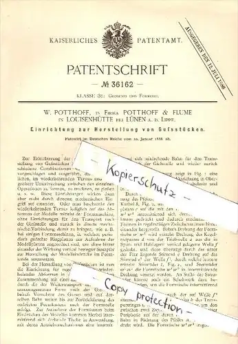 Original Patent - Potthoff & Flume in Louisenhütte b. Lünen a.d. Lippe , 1886 , Herstellung von Gußstücken , Giesserei !