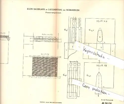 Original Patent - Egon Sauerland in Laucherthal b. Sigmaringendorf , 1885 , Feuerungsrost , Heizung , Sigmaringen !!!