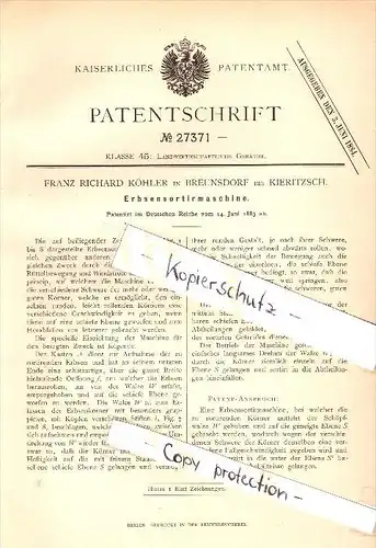 Original Patent - F.R. Köhler in Breunsdorf b. Kieritzsch , 1883 , Sortiermaschine für Erbsen , Agrar , Neukieritzsch !!