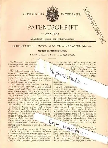 Original Patent - J. Sukup in Napagedl / Napajedl und Wagner in Fröbeln b. Löwen / Lewin Brzeski , 1884 , Osmoseapparat
