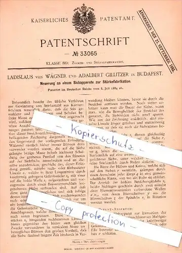 Original Patent  -  L. von Wagner und A. Gillitzer in Budapest , 1884 , Siebapparat zur Stärkefabrikation !!!