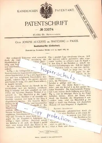 Original Patent  - Graf Joseph Auguste de Mauclerc in Paris , 1885 , Gasdruckspritze , Extincteur !!!