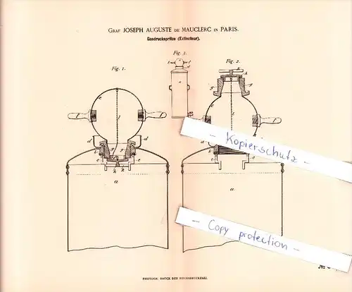 Original Patent  - Graf Joseph Auguste de Mauclerc in Paris , 1885 , Gasdruckspritze , Extincteur !!!