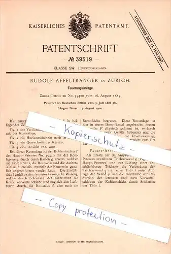Original Patent  - Rudolf Affeltranger in Zürich , 1886 , Feuerungsanlage , Heizung !!!