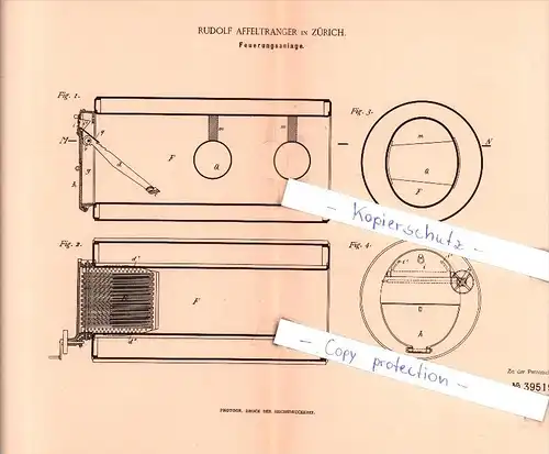 Original Patent  - Rudolf Affeltranger in Zürich , 1886 , Feuerungsanlage , Heizung !!!