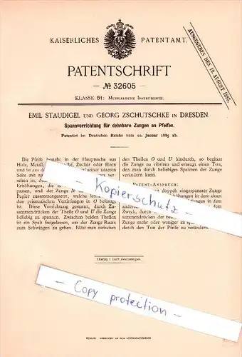 Original Patent  - E. Staudigel und G. Zschutschke in Dresden , 1885 , Spannvorrichtung an Pfeifen !!!