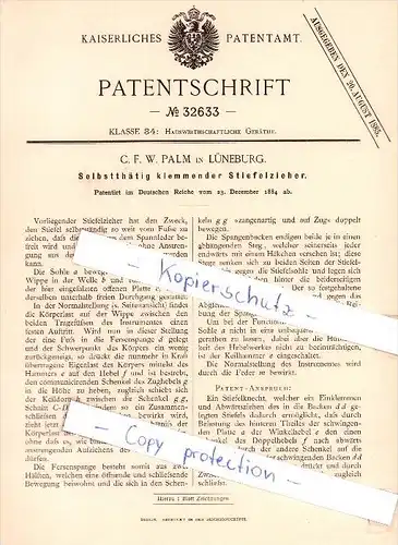 Original Patent  - C. F. W. Palm in Lüneburg , 1884 , Selbstthätig klemmender Stiefelzieher !!!