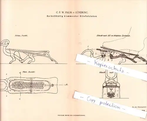 Original Patent  - C. F. W. Palm in Lüneburg , 1884 , Selbstthätig klemmender Stiefelzieher !!!