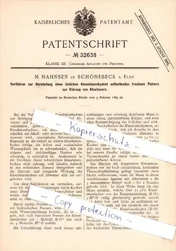 Original Patent  - M. Nahnsen in Schönebeck a. Elbe , 1885 , lösliches Kieselsäurehydrat !!!