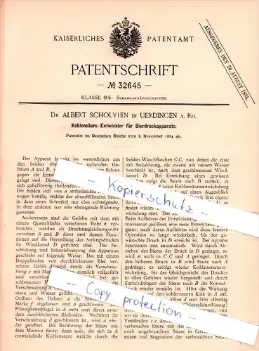 Original Patent  - Dr. Albert Scholvien in Uerdingen a. Rh. , 1884 , Kohlensäure-Entwickler  !!!
