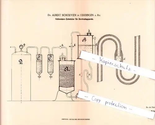 Original Patent  - Dr. Albert Scholvien in Uerdingen a. Rh. , 1884 , Kohlensäure-Entwickler  !!!