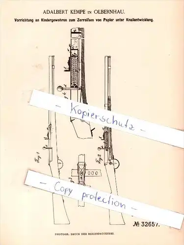 Original Patent  - A. Kempe in Olbernhau , 1885 , Vorrichtung an Kindergewehren zum Zerreißen von Papier !!!