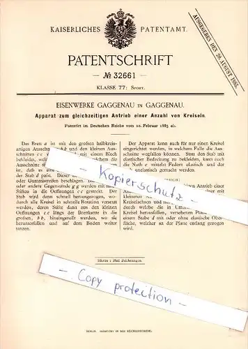 Original Patent  - Eisenwerke Gaggenau in Gaggenau , 1885 , Antrieb für Kreisel !!!
