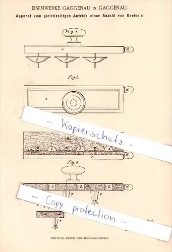 Original Patent  - Eisenwerke Gaggenau in Gaggenau , 1885 , Antrieb für Kreisel !!!