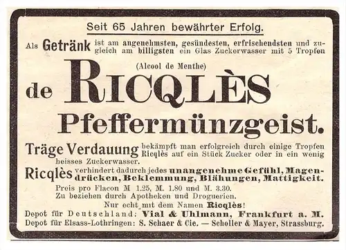 original Werbung - 1901 - de Ricqles Pfeffermünzgeist , Alcool de Menthe , Pfefferminz - Alkohol, Vial & Uhlmann !!!
