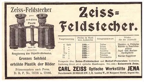 original Werbung - 1901 - Zeiss - Feldstecher , Optische Werkstatt in Jena , Fernglas , Militär !!!