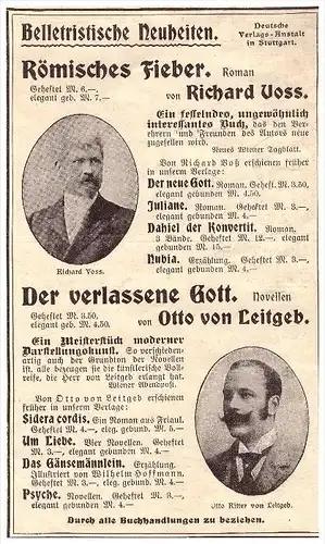 original Werbung - 1901 - Roman von R. Voss , Novellen von Otto von Leitgeb , Verlagsanstalt in Stuttgart !!!