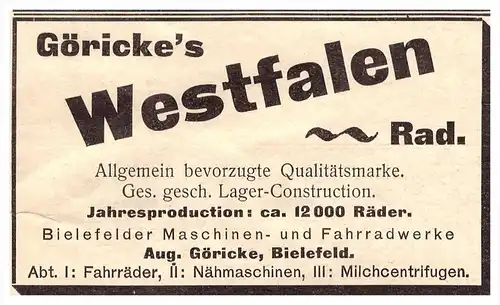 original Werbung - 1901 - Göricke Räder , Fahrradwerke in Bielefeld , Westfalen Rad , Fahrrad !!!