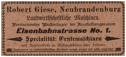 original Werbung - 1901 - Landwirtschaftliche Maschinen , Robert Giese in Neubrandenburg i. Mecklenburg !!!