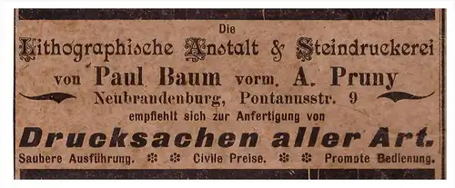 original Werbung - 1901 - Lithographische Anstalt und Druckerei Paul Baum in Neubrandenburg i. Mecklenburg !!!