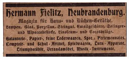 original Werbung - 1901 - Porzellan , Papier- und Spielwaren H. Fielitz in Neubrandenburg i. Mecklenburg !!!