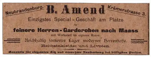 original Werbung - 1901 - Specialgeschäft für Gaderobe , B. Amend in Neubrandenburg i. Mecklenburg !!!