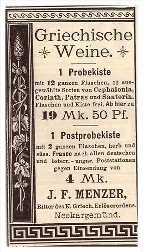 original Werbung - 1884 - Griechischer Wein , J.F. Menzer in Neckargemünd , Wein , Patras !!!