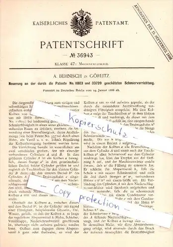 Original Patent  - A. Behnisch in Görlitz , 1886 , Neuerung an Schmiervorrichtung !!!