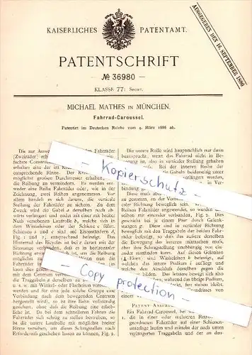 Original Patent  - Michael Mathes in München , 1886 , Fahrrad - Caroussel , Karussell , Jahrmarkt !!!