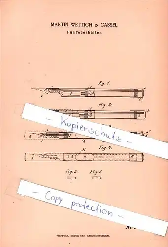 Original Patent  - Martin Wettich in Cassel , 1886 , Füllfederhalter , Federhalter , Füller , Kassel !!!