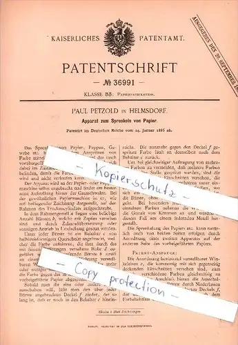 Original Patent  -  Paul Petzold in Helmsdorf , 1886 , Apparat zu Sprenkeln von Papier !!!