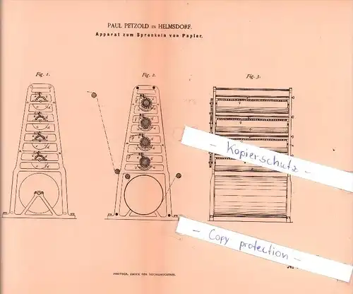 Original Patent  -  Paul Petzold in Helmsdorf , 1886 , Apparat zu Sprenkeln von Papier !!!