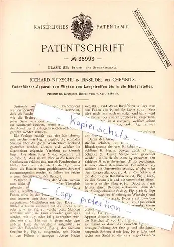 Original Patent  - Richard Nitzsche in Einsiedel bei Chemnitz , 1886 , Fadenführerapparat !!!