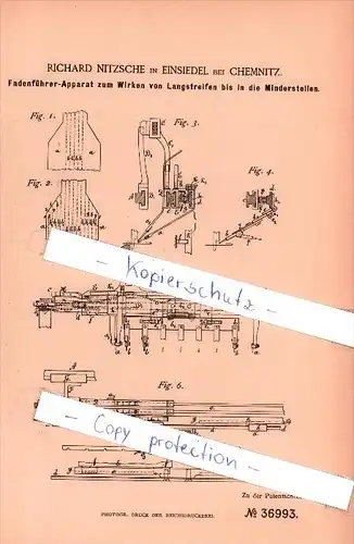 Original Patent  - Richard Nitzsche in Einsiedel bei Chemnitz , 1886 , Fadenführerapparat !!!